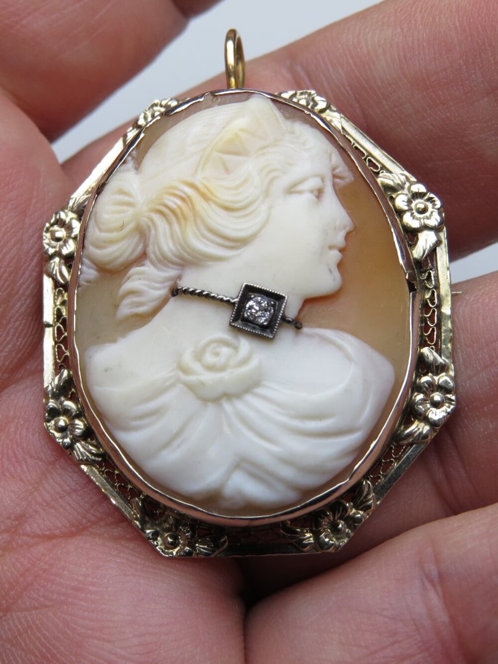 14K Cameo Brooch Diamond & Pendant Vintage